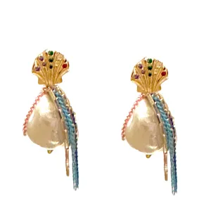 Rainbow Seashell Baroque Pearl Chain Studs