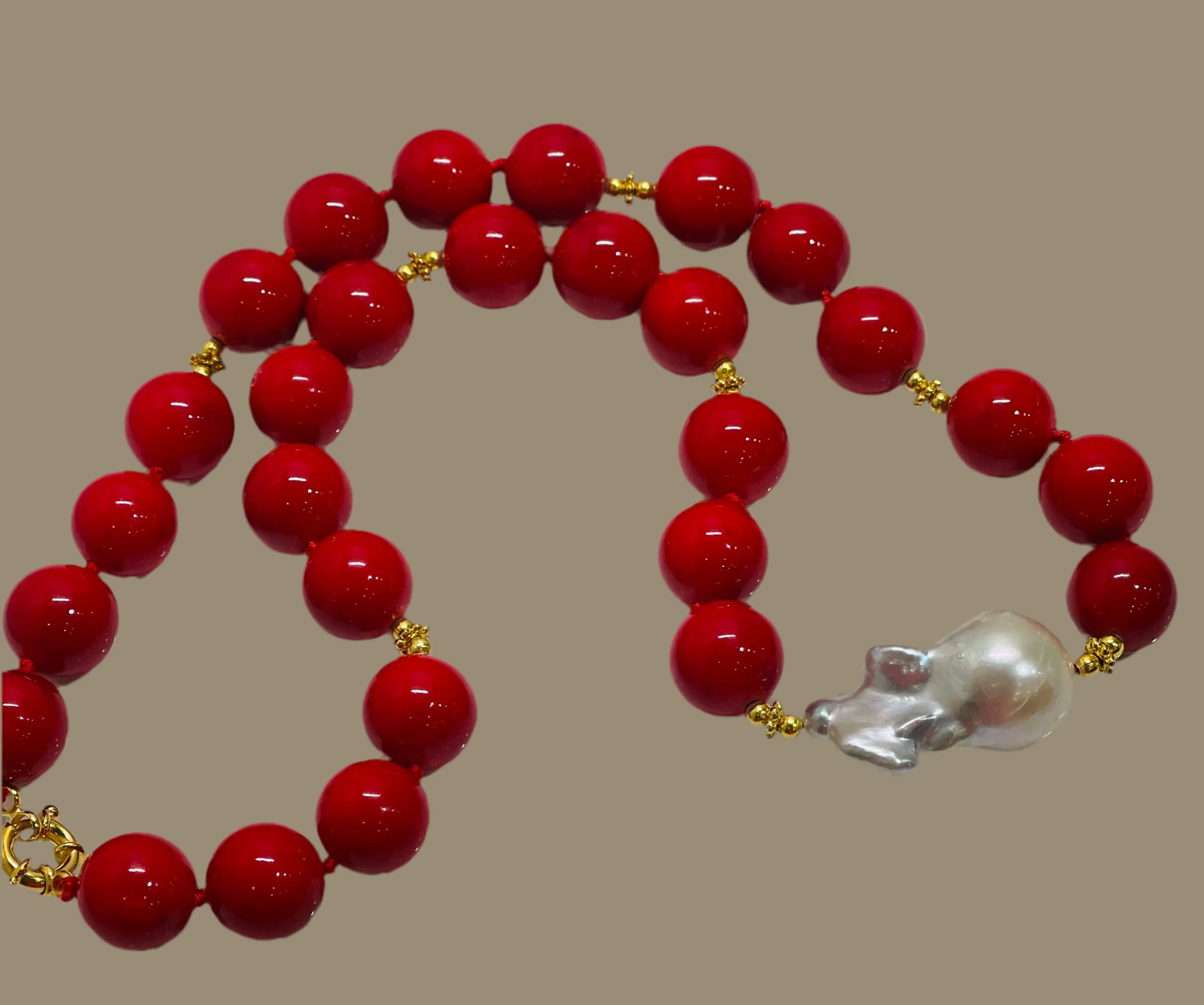 Red Coral & White Baroque Pearl Gemstone Statement Necklace 18"