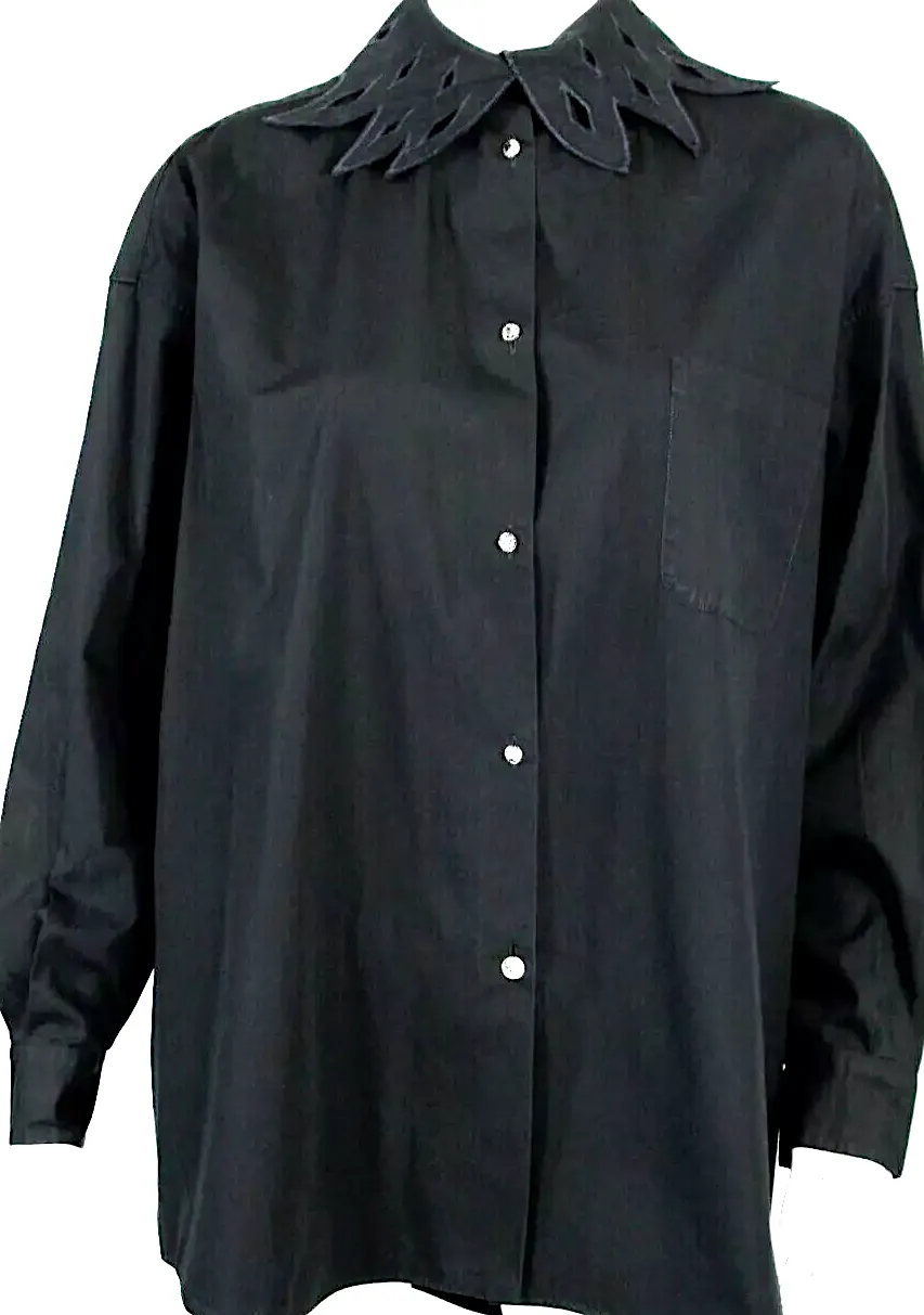 ROMEO GIGLI Italy. Vintage Black Cotton Cut-Out Collar Crystal Button-Front Oversized Blouse