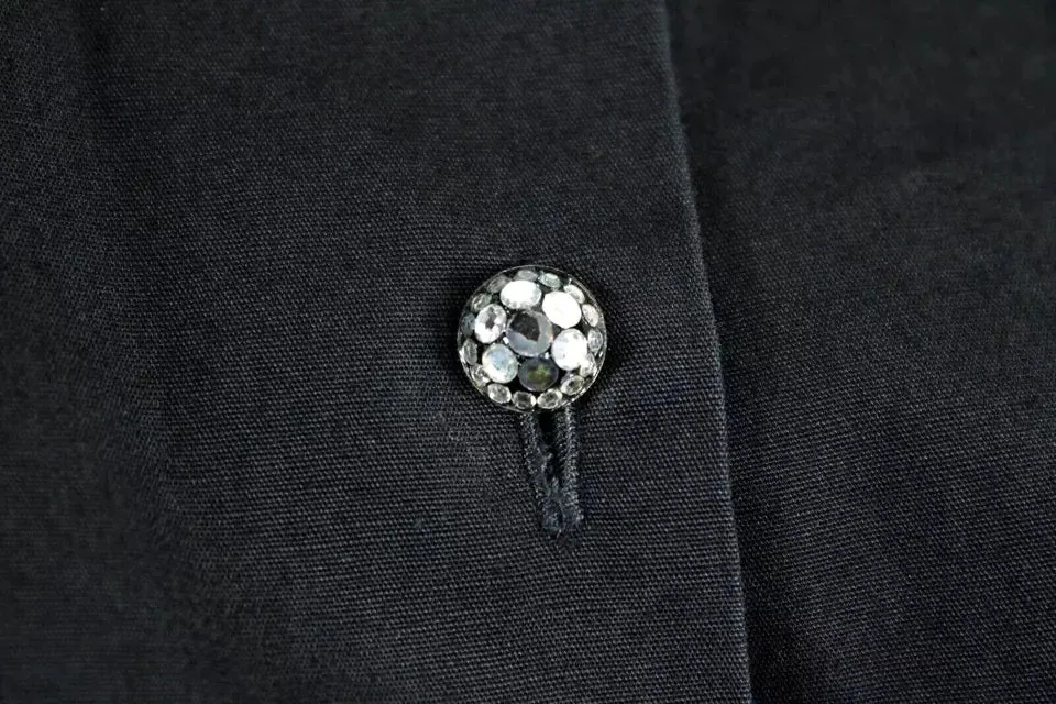 ROMEO GIGLI Italy. Vintage Black Cotton Cut-Out Collar Crystal Button-Front Oversized Blouse