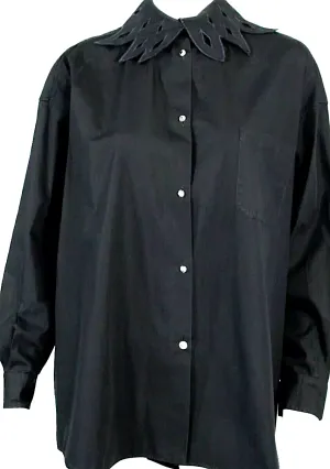 ROMEO GIGLI Italy. Vintage Black Cotton Cut-Out Collar Crystal Button-Front Oversized Blouse