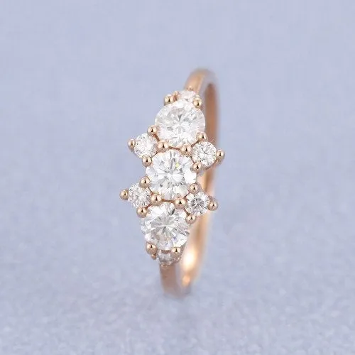 Round Brilliant Vintage Rose Gold Cluster Moissanite Engagement Ring for Women Handmade Unique Diamond Wedding Anniversary Jewellery Gift