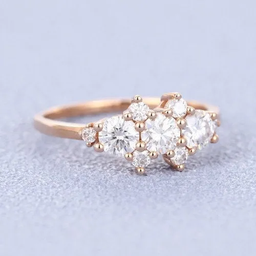 Round Brilliant Vintage Rose Gold Cluster Moissanite Engagement Ring for Women Handmade Unique Diamond Wedding Anniversary Jewellery Gift