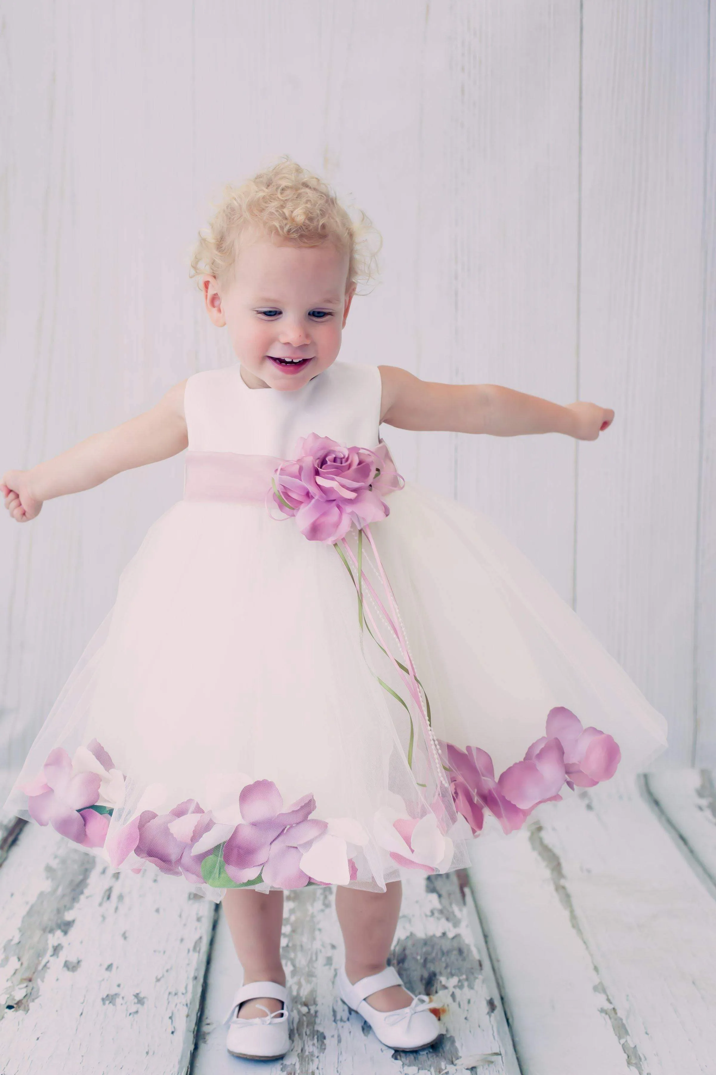 Satin Flower Petal Baby Dress - Ivory