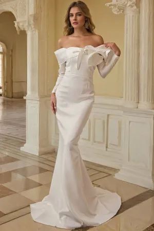 Satin Trumpet Ivory Long Prom Dress with Detachable Sleeves