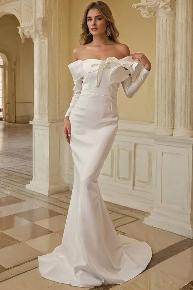 Satin Trumpet Ivory Long Prom Dress with Detachable Sleeves