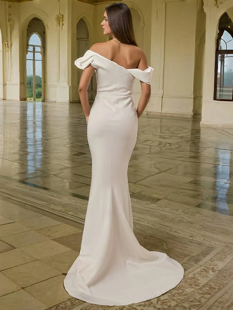 Satin Trumpet Ivory Long Prom Dress with Detachable Sleeves
