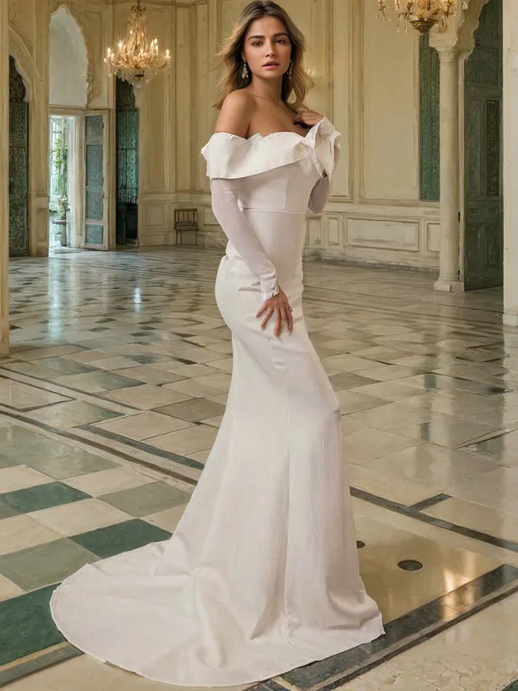 Satin Trumpet Ivory Long Prom Dress with Detachable Sleeves