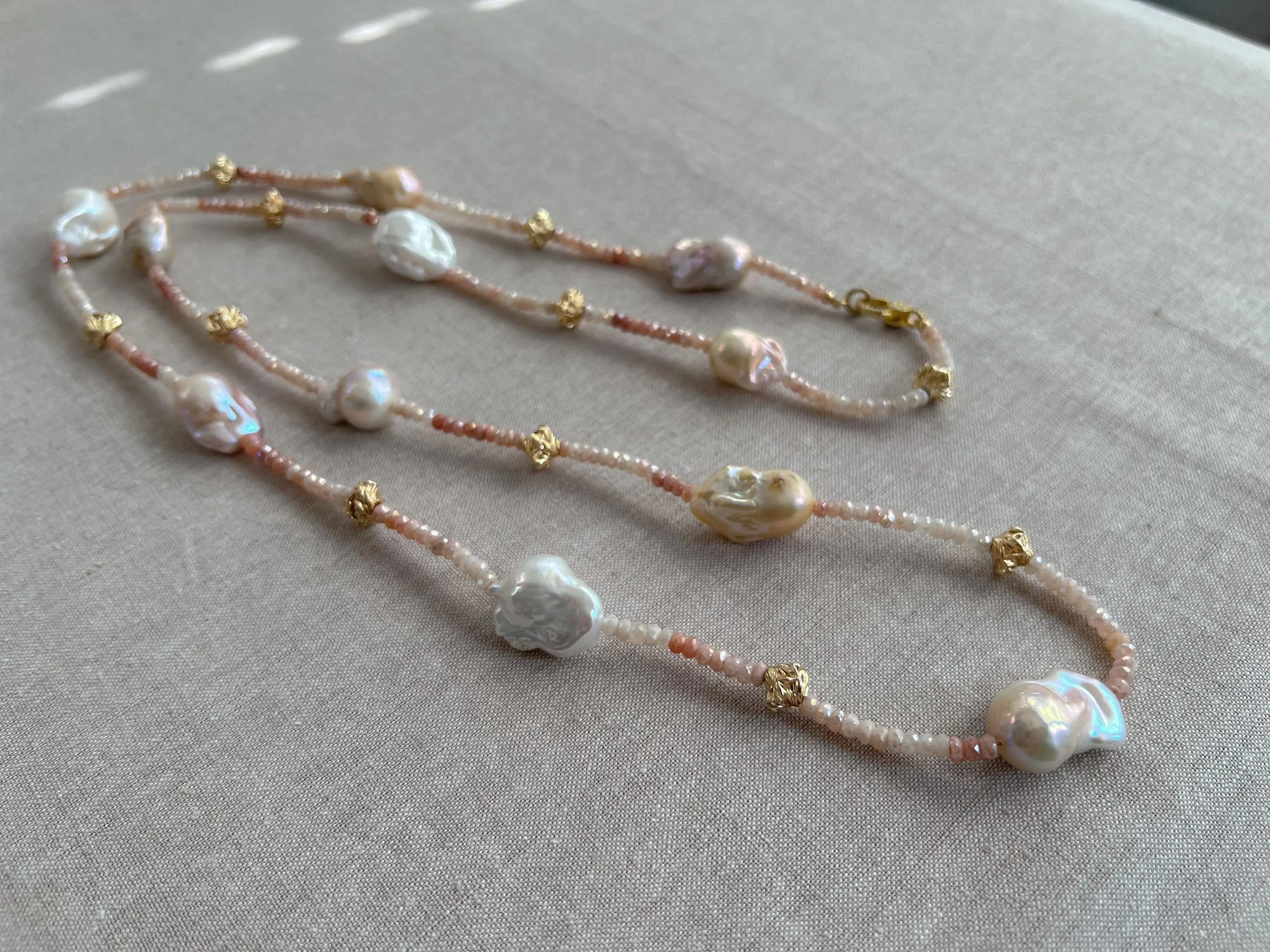 Shaded White Sapphire Lariat Necklace with Freshwater Baroque Pearl Ends, Multi-Way Necklace, Gemstone Necklace, Gift for Her, Boho Style