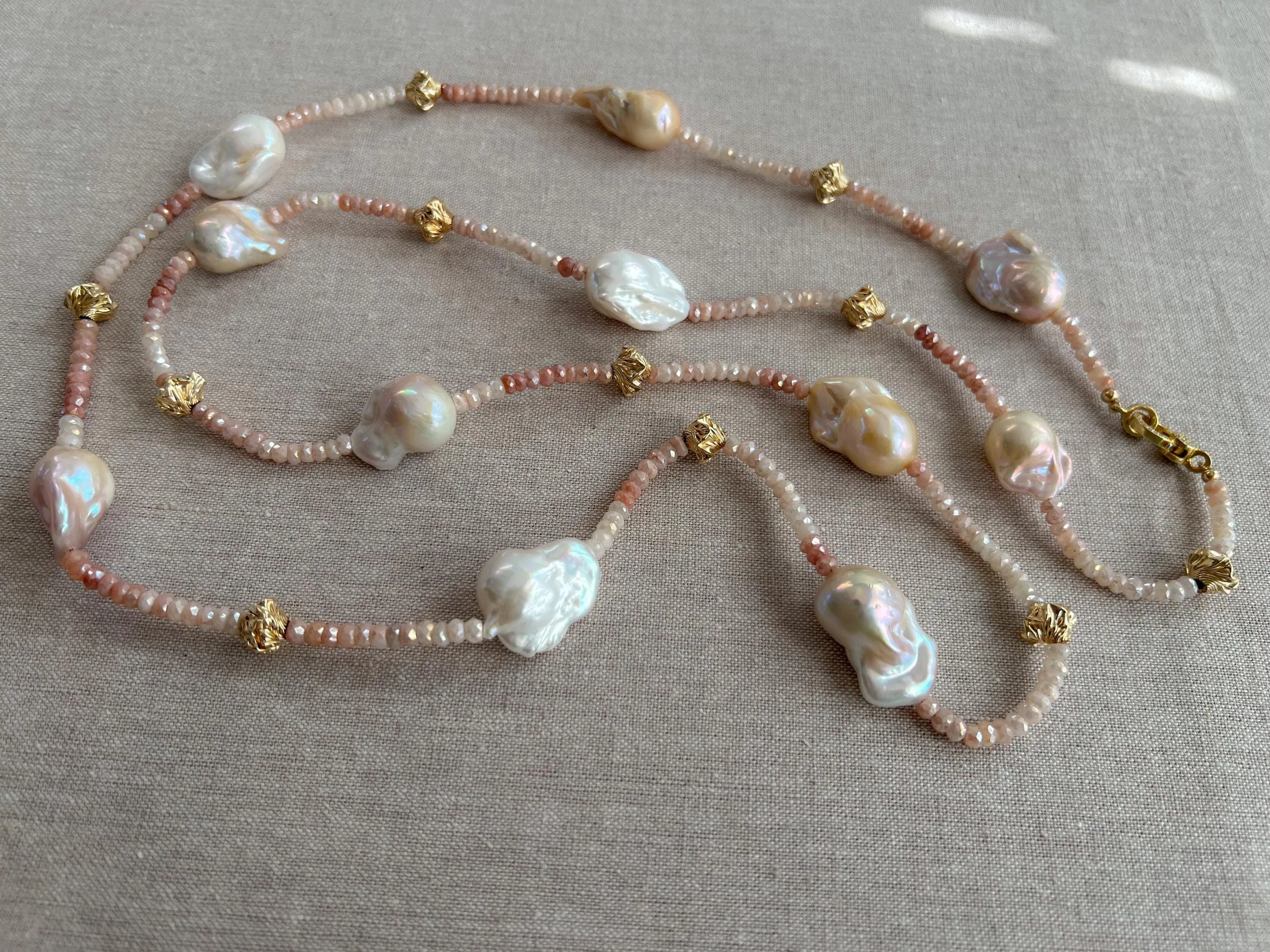 Shaded White Sapphire Lariat Necklace with Freshwater Baroque Pearl Ends, Multi-Way Necklace, Gemstone Necklace, Gift for Her, Boho Style