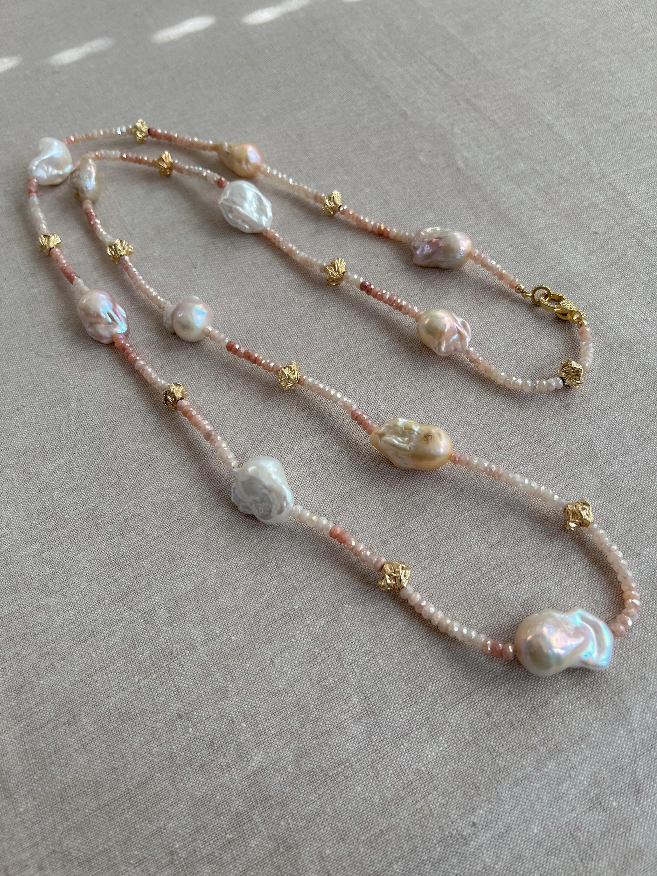 Shaded White Sapphire Lariat Necklace with Freshwater Baroque Pearl Ends, Multi-Way Necklace, Gemstone Necklace, Gift for Her, Boho Style