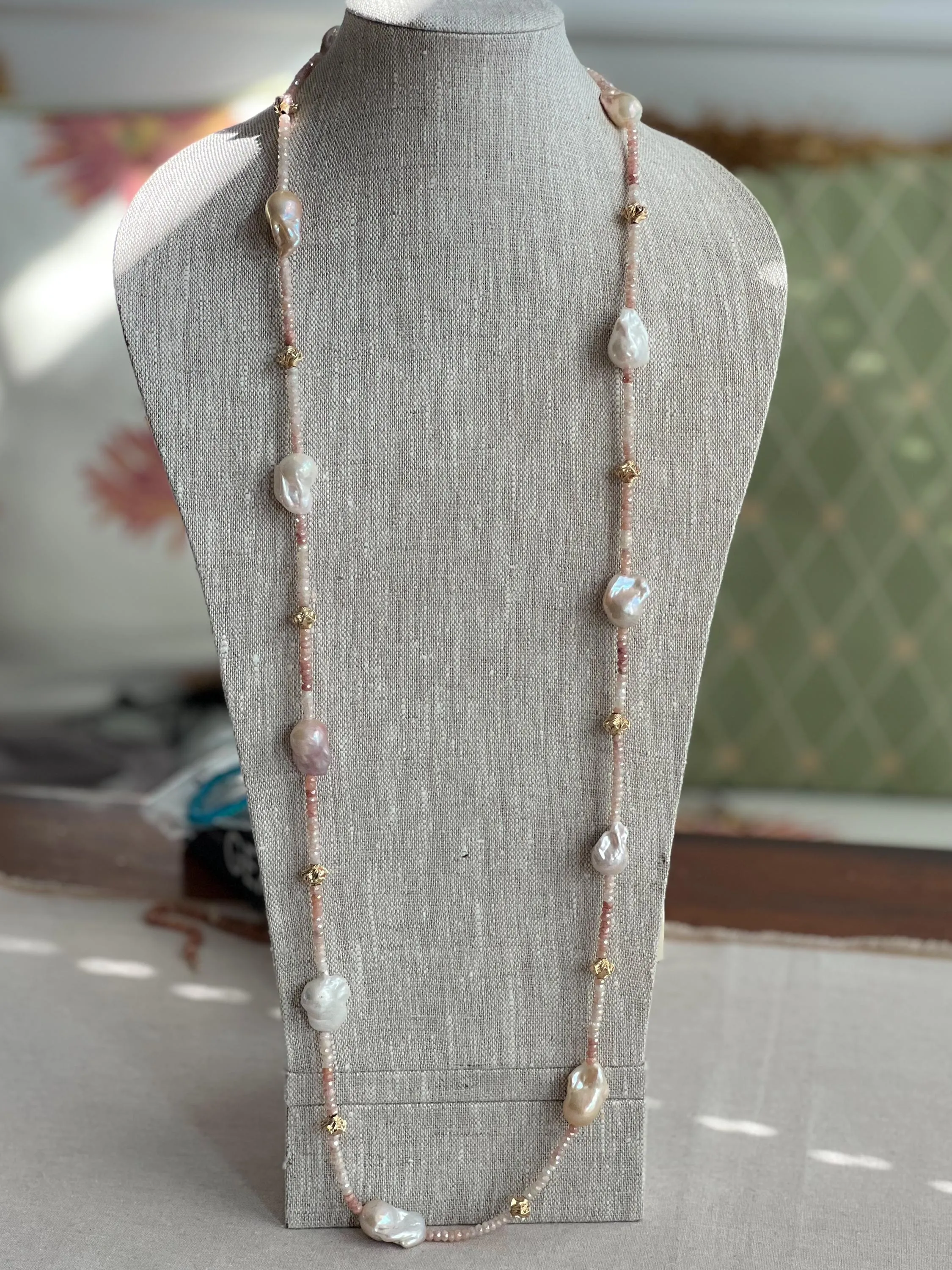 Shaded White Sapphire Lariat Necklace with Freshwater Baroque Pearl Ends, Multi-Way Necklace, Gemstone Necklace, Gift for Her, Boho Style