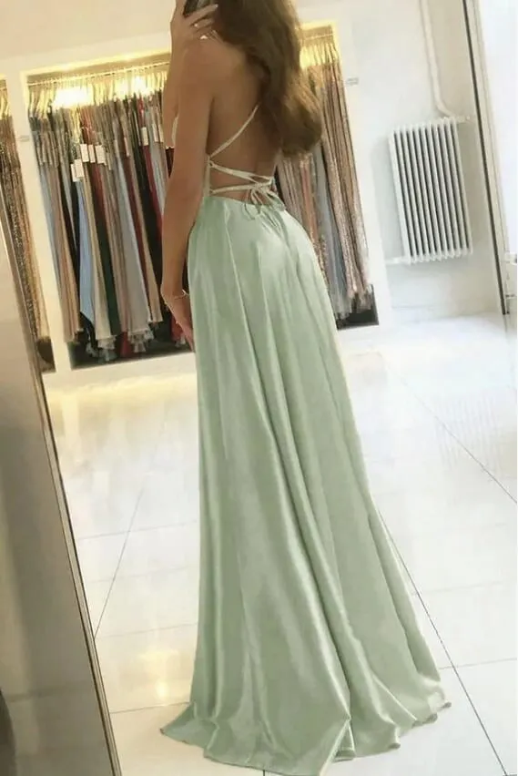 Simple Dusty Sage Satin Spaghetti Straps Long Prom Dresses, Evening Gown, SP802