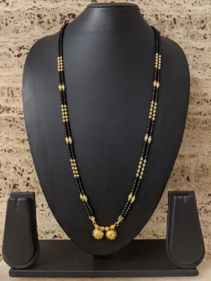 Simple Maharashtrian Long Mangalsutra Vati Designs Double Line Gold & Black Beads Chain