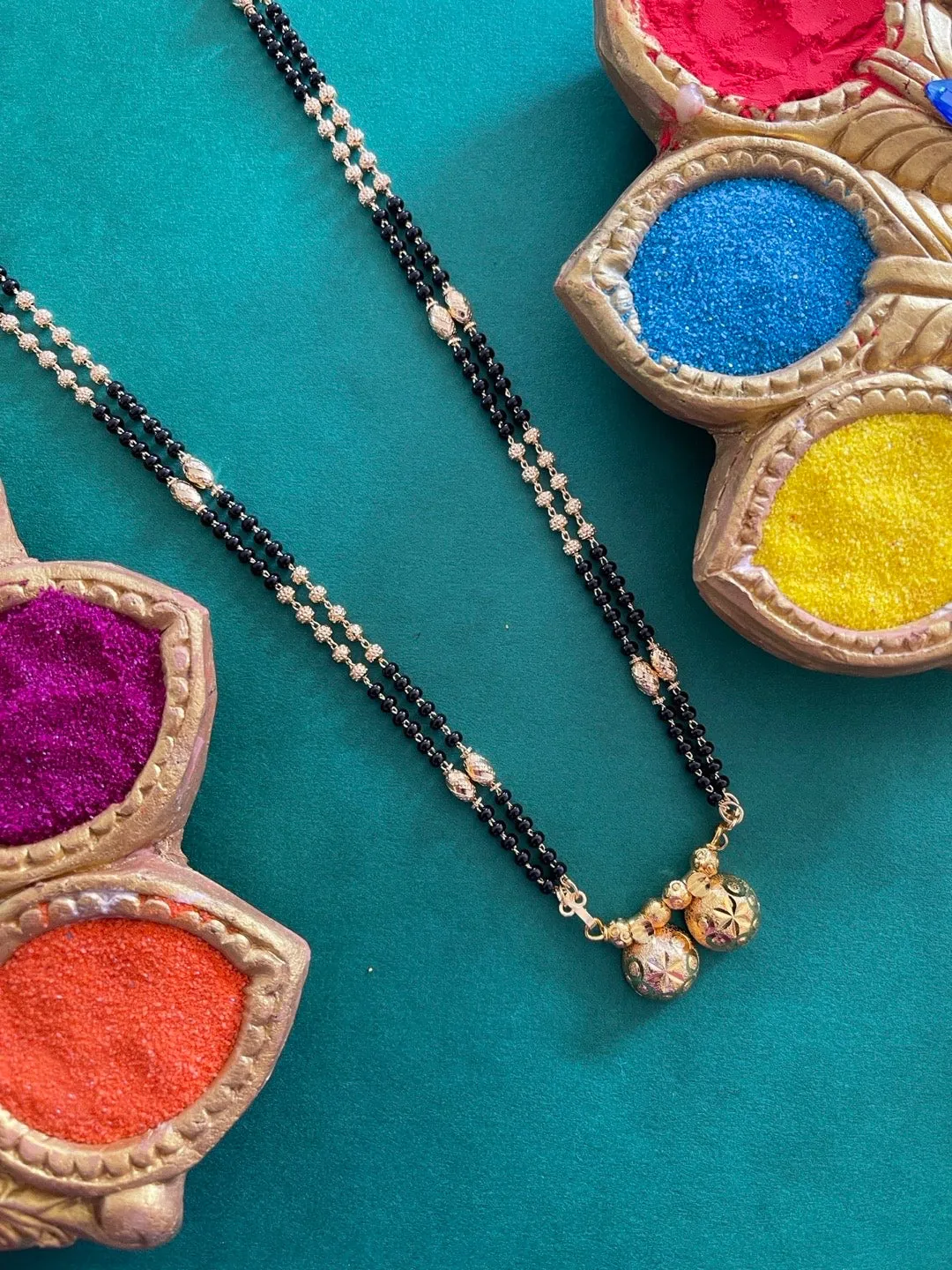 Simple Maharashtrian Long Mangalsutra Vati Designs Double Line Gold & Black Beads Chain