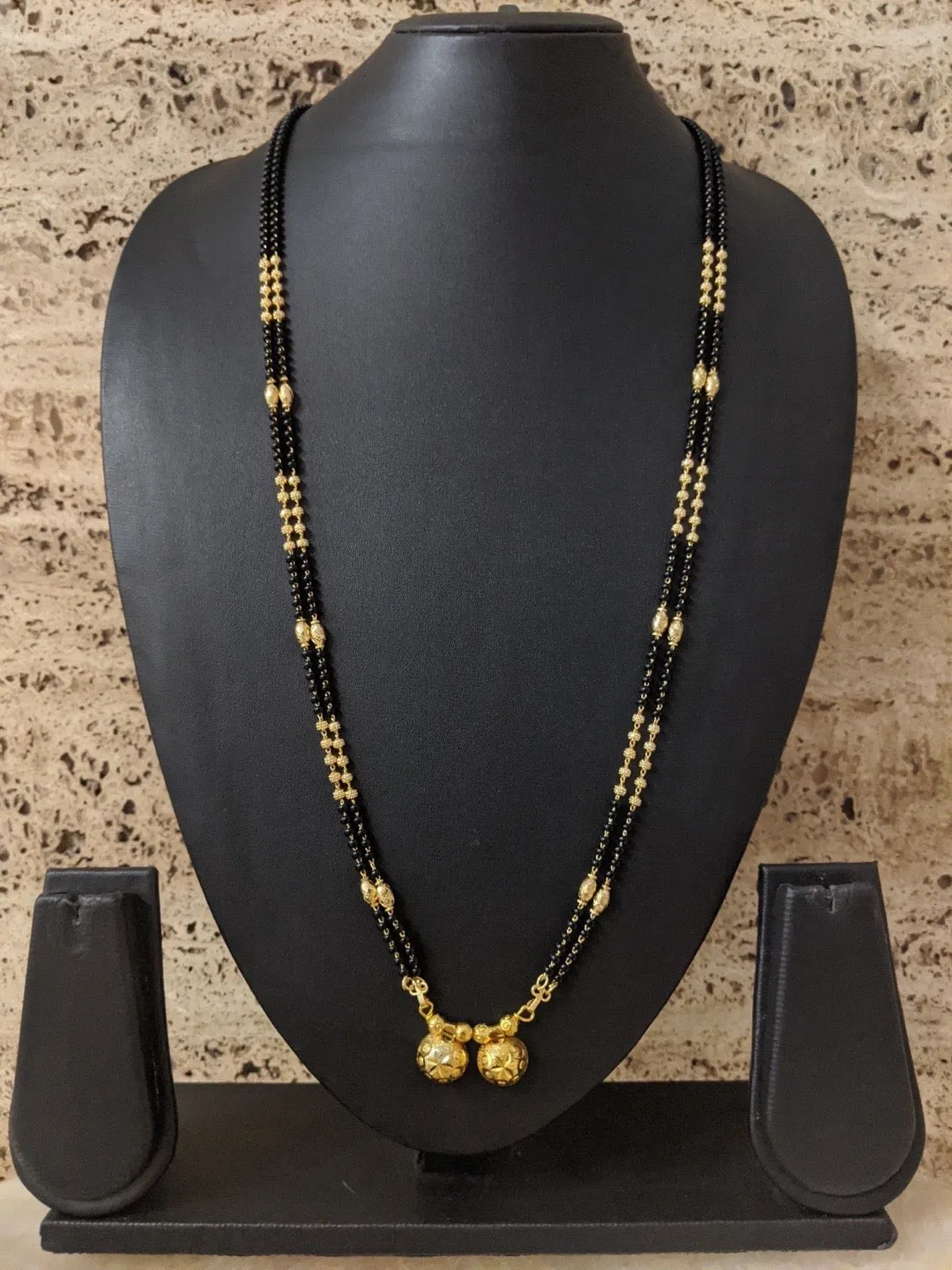 Simple Maharashtrian Long Mangalsutra Vati Designs Double Line Gold & Black Beads Chain