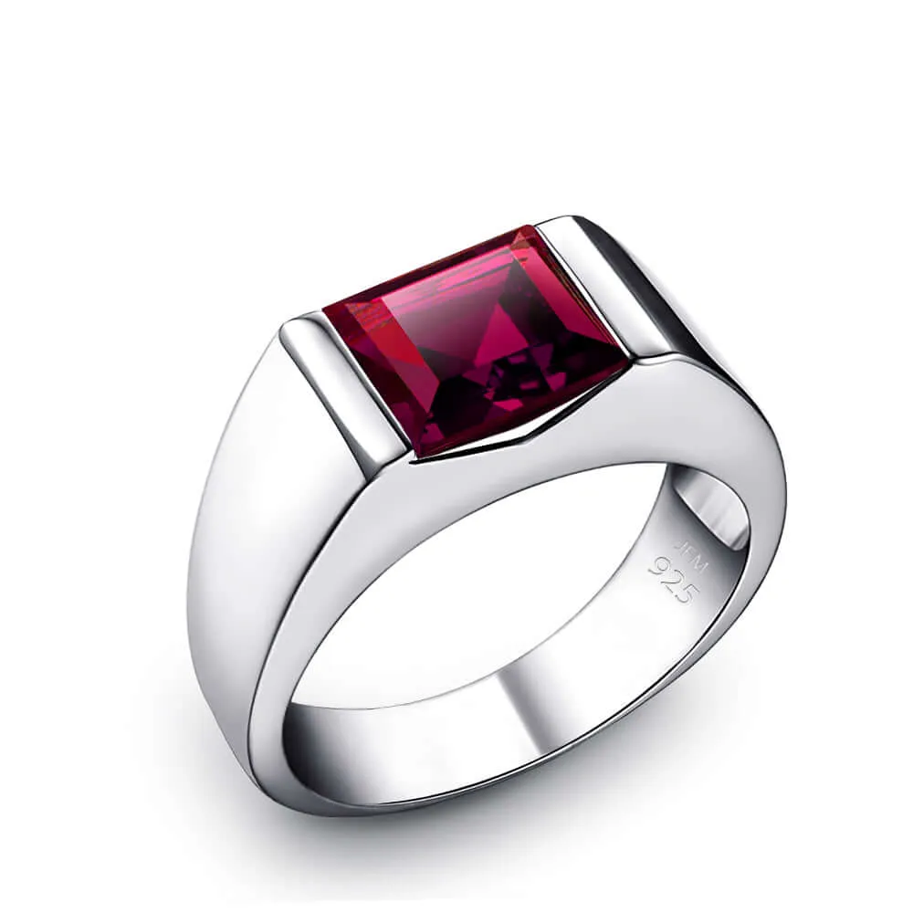 Simple Men's Ring Sterling Silver with Single Square Gemstone