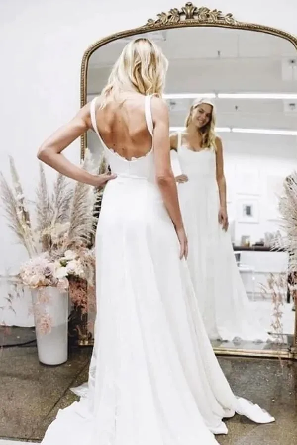Simple Satin A-line Square Neckline Beach Wedding Dresses, Bridal Gown, MW805