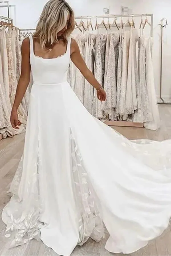 Simple Satin A-line Square Neckline Beach Wedding Dresses, Bridal Gown, MW805