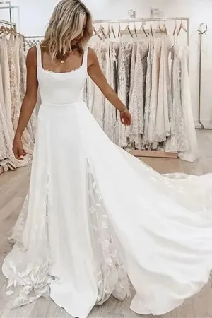Simple Satin A-line Square Neckline Beach Wedding Dresses, Bridal Gown, MW805