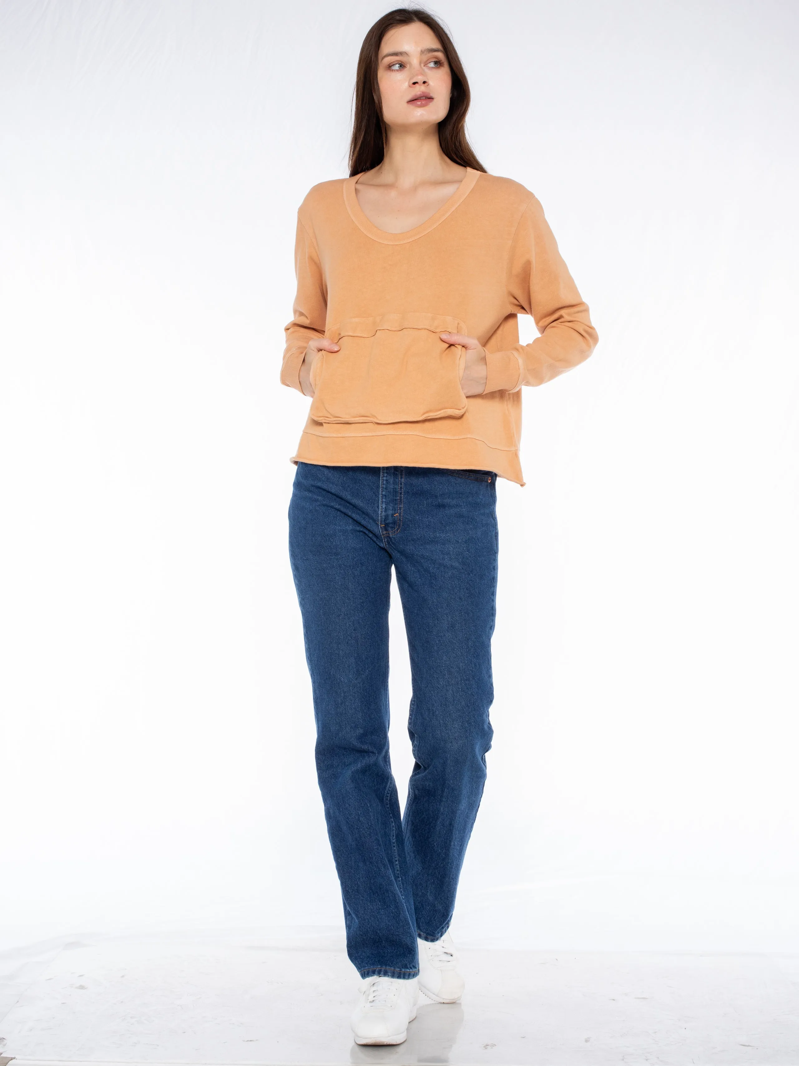 Slouchy Long Sleeve Sweatshirt with Pouch Front Pocket