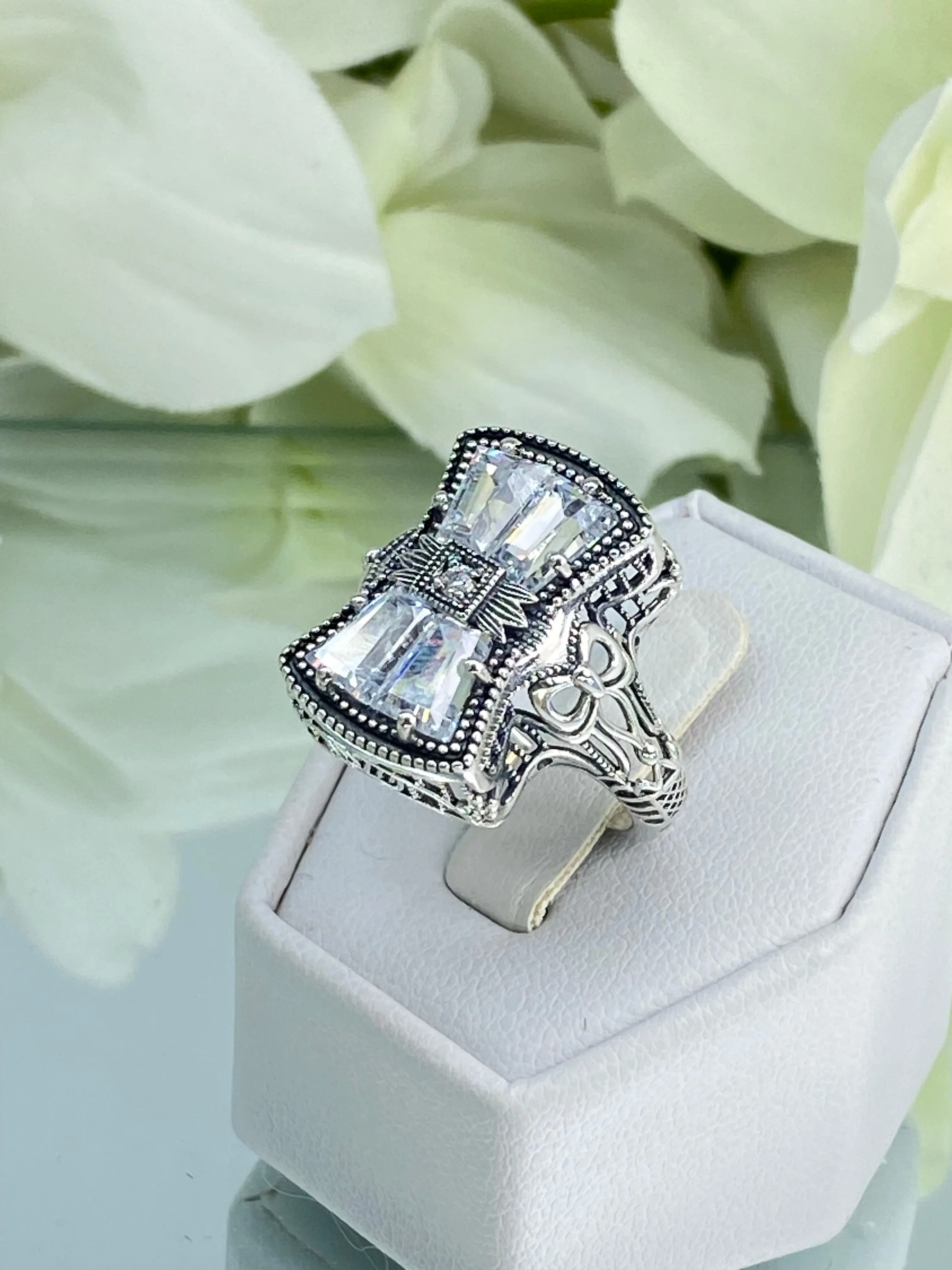 Sparkling White CZ Ring, Size 10, Versailles Sterling Silver Bow, Baguette CZ & Moissanite inset Ring, Baroque Jewelry D595 - Ready to Ship
