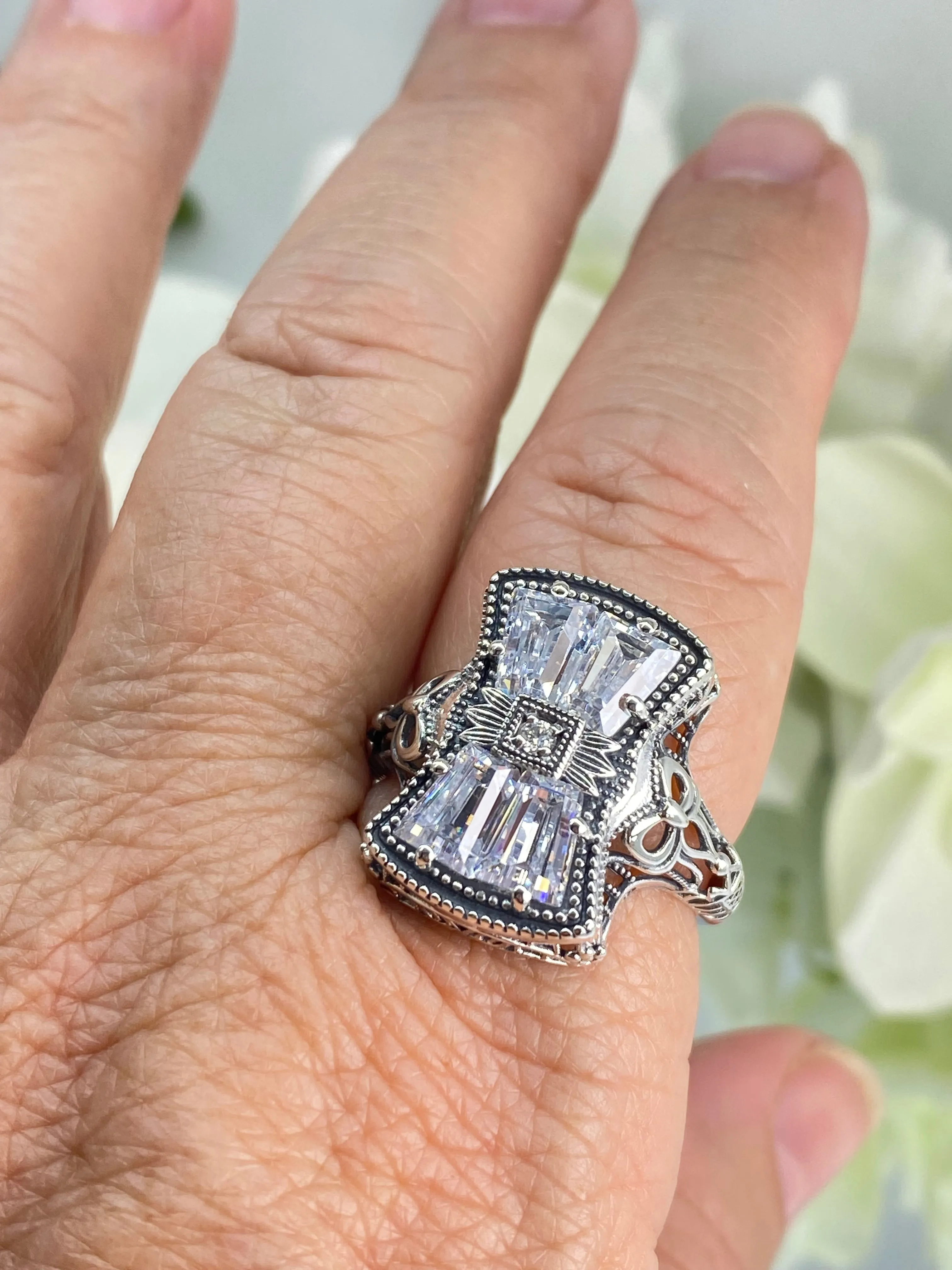 Sparkling White CZ Ring, Size 10, Versailles Sterling Silver Bow, Baguette CZ & Moissanite inset Ring, Baroque Jewelry D595 - Ready to Ship