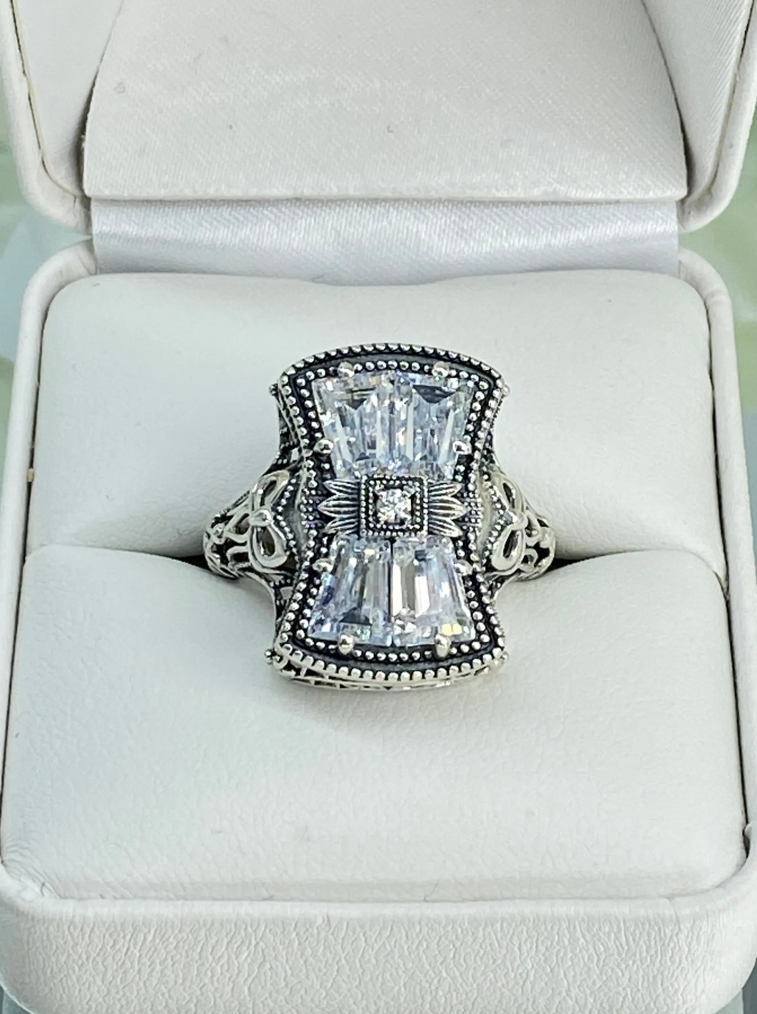 Sparkling White CZ Ring, Size 10, Versailles Sterling Silver Bow, Baguette CZ & Moissanite inset Ring, Baroque Jewelry D595 - Ready to Ship