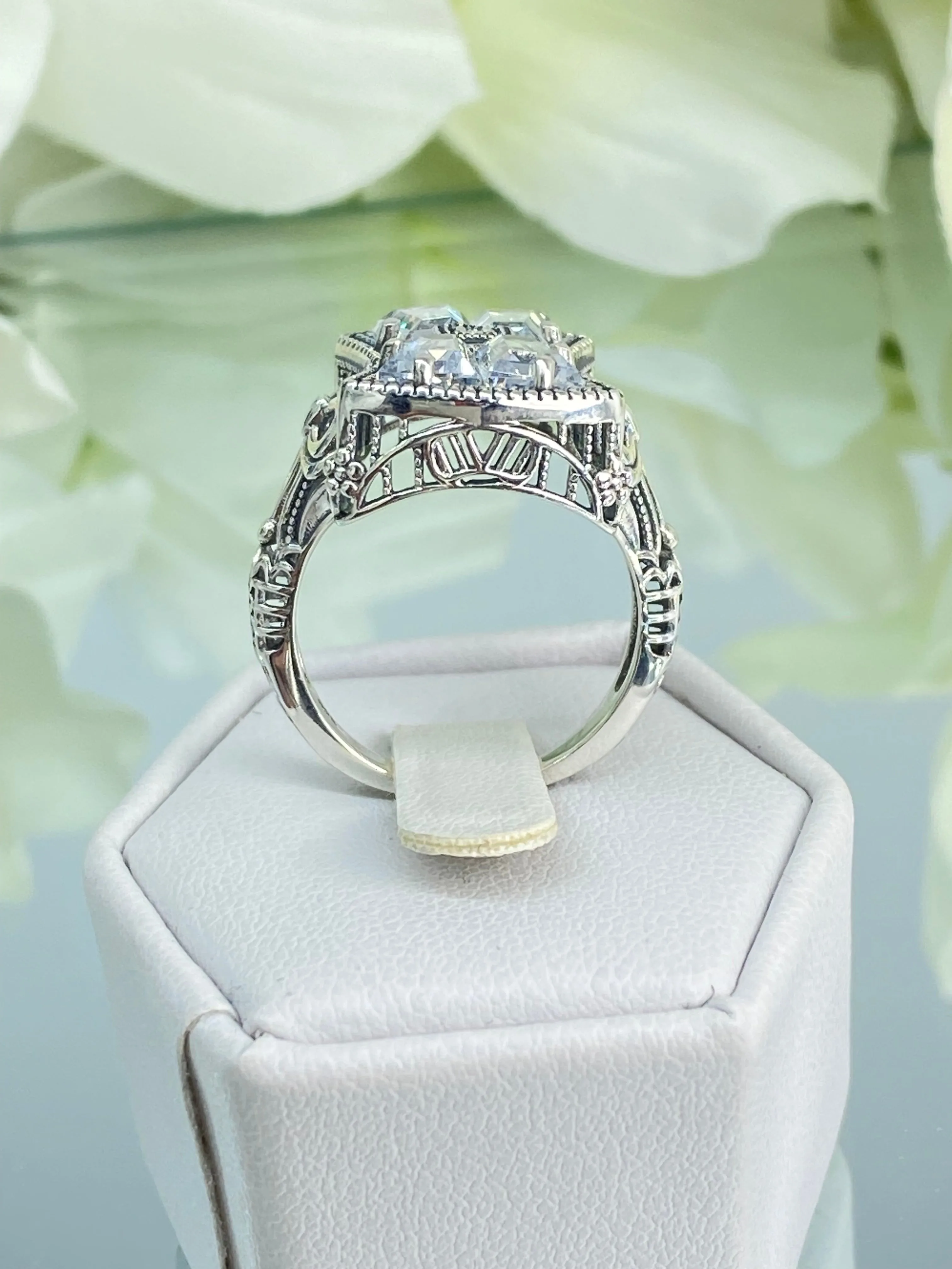 Sparkling White CZ Ring, Size 10, Versailles Sterling Silver Bow, Baguette CZ & Moissanite inset Ring, Baroque Jewelry D595 - Ready to Ship