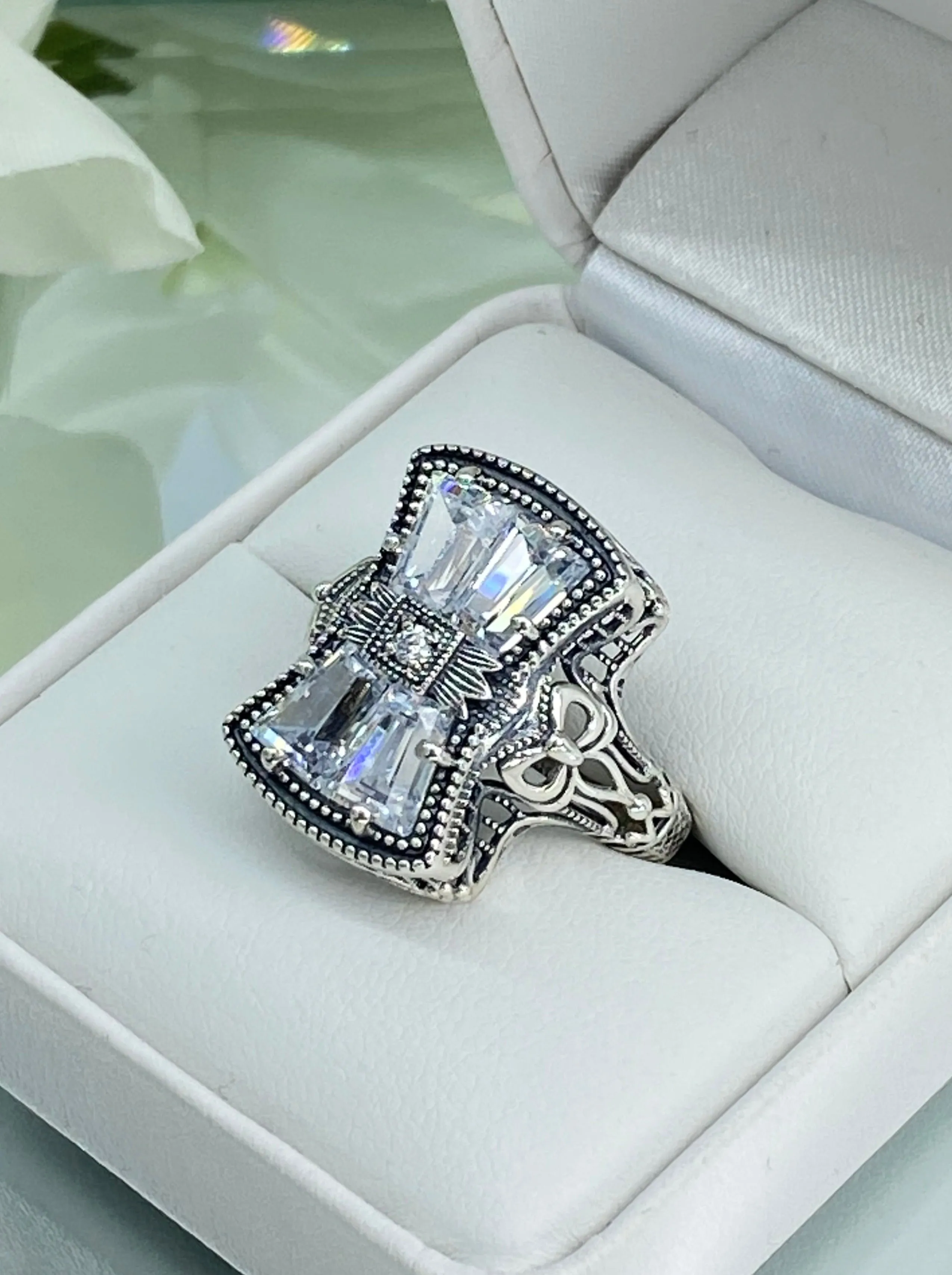 Sparkling White CZ Ring, Size 10, Versailles Sterling Silver Bow, Baguette CZ & Moissanite inset Ring, Baroque Jewelry D595 - Ready to Ship