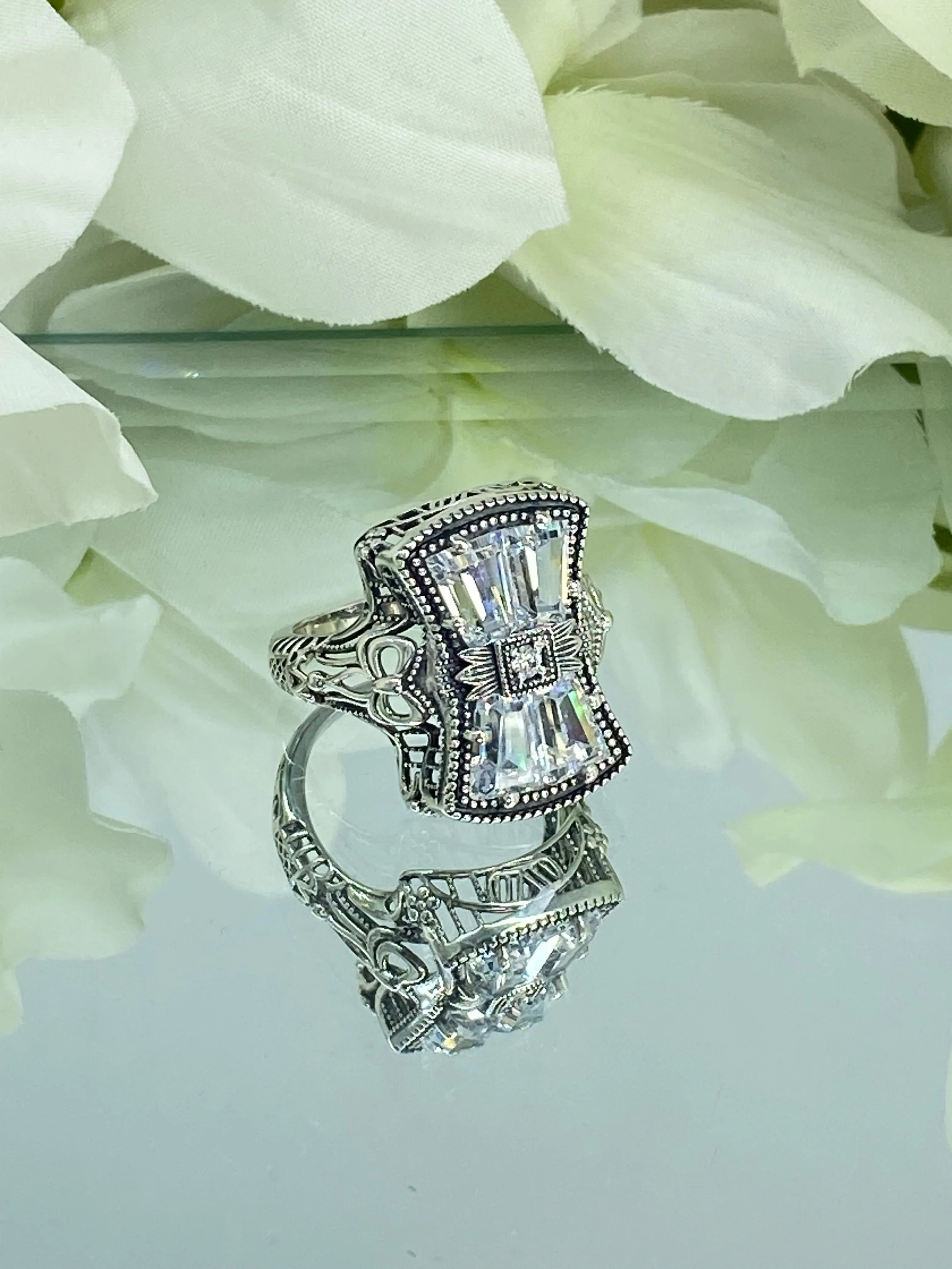 Sparkling White CZ Ring, Size 10, Versailles Sterling Silver Bow, Baguette CZ & Moissanite inset Ring, Baroque Jewelry D595 - Ready to Ship