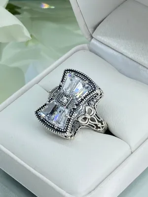 Sparkling White CZ Ring, Size 10, Versailles Sterling Silver Bow, Baguette CZ & Moissanite inset Ring, Baroque Jewelry D595 - Ready to Ship