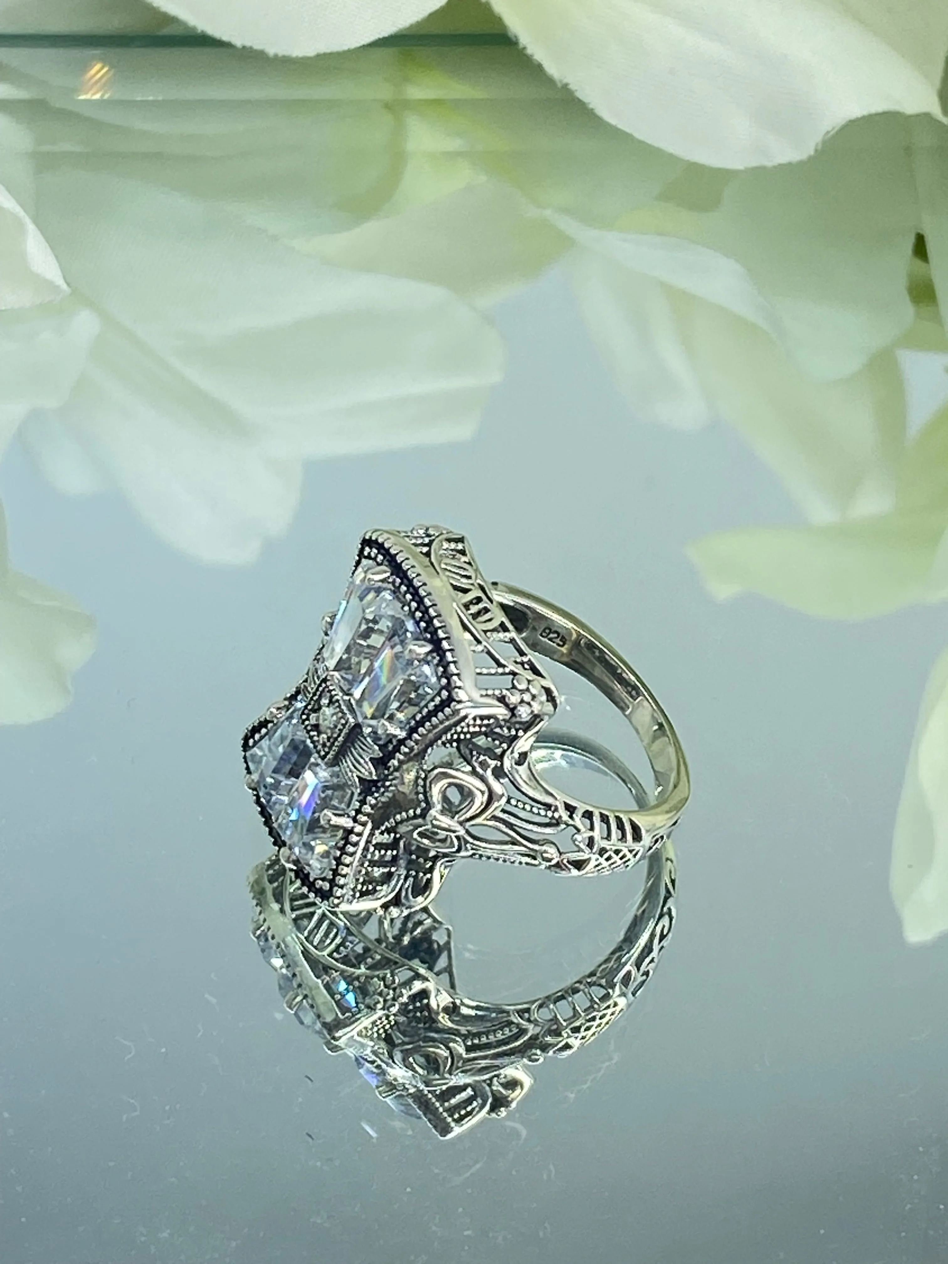 Sparkling White CZ Ring, Size 10, Versailles Sterling Silver Bow, Baguette CZ & Moissanite inset Ring, Baroque Jewelry D595 - Ready to Ship