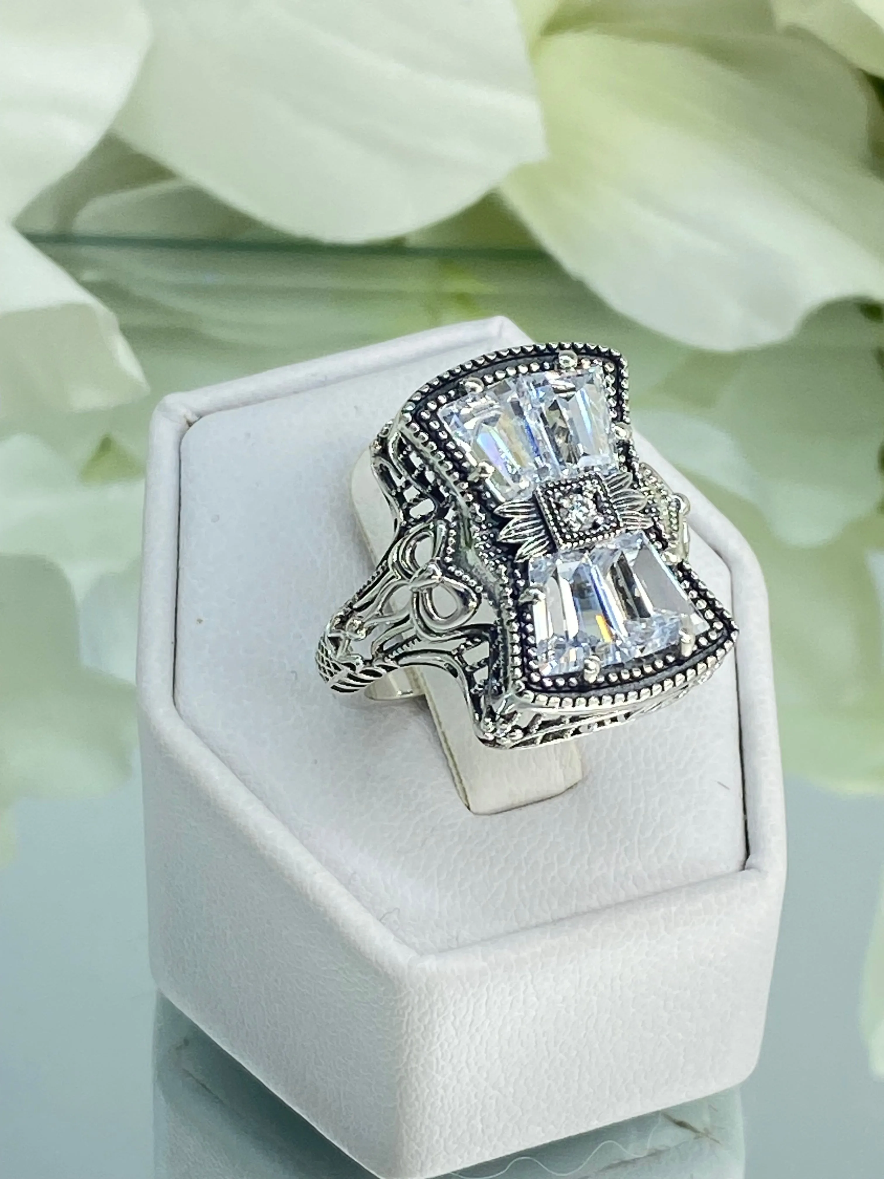 Sparkling White CZ Ring, Size 10, Versailles Sterling Silver Bow, Baguette CZ & Moissanite inset Ring, Baroque Jewelry D595 - Ready to Ship
