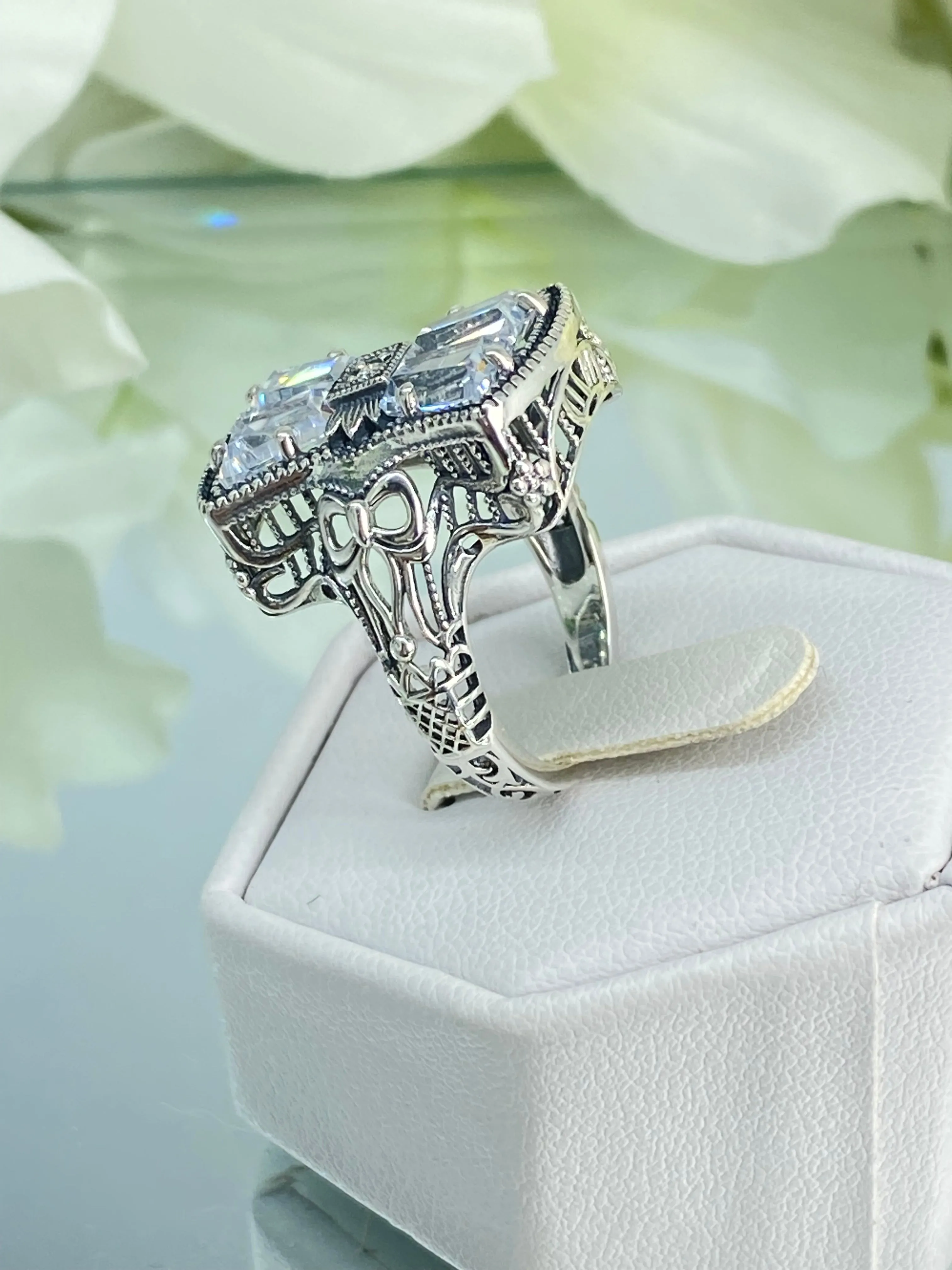 Sparkling White CZ Ring, Size 10, Versailles Sterling Silver Bow, Baguette CZ & Moissanite inset Ring, Baroque Jewelry D595 - Ready to Ship