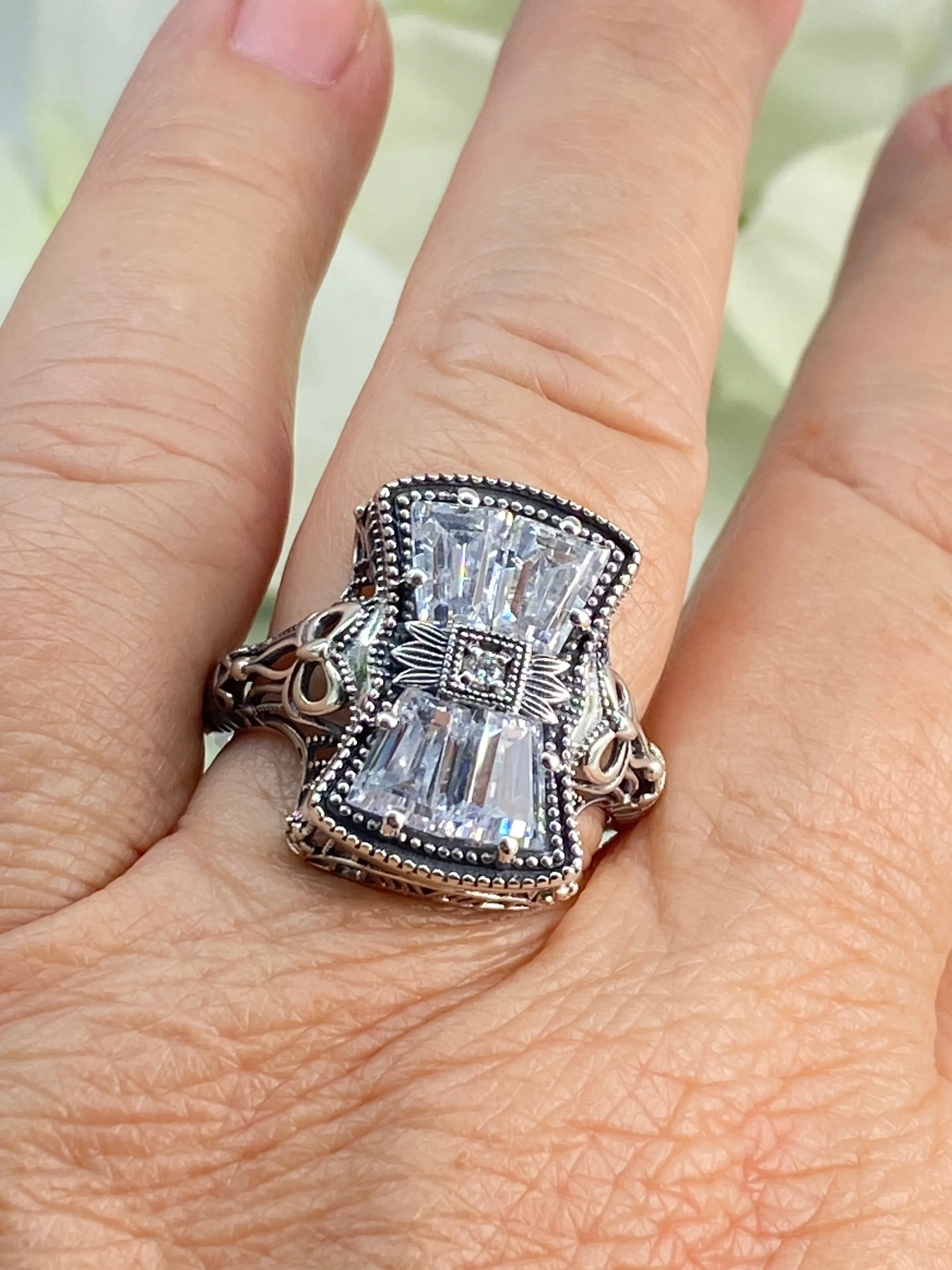 Sparkling White CZ Ring, Size 10, Versailles Sterling Silver Bow, Baguette CZ & Moissanite inset Ring, Baroque Jewelry D595 - Ready to Ship