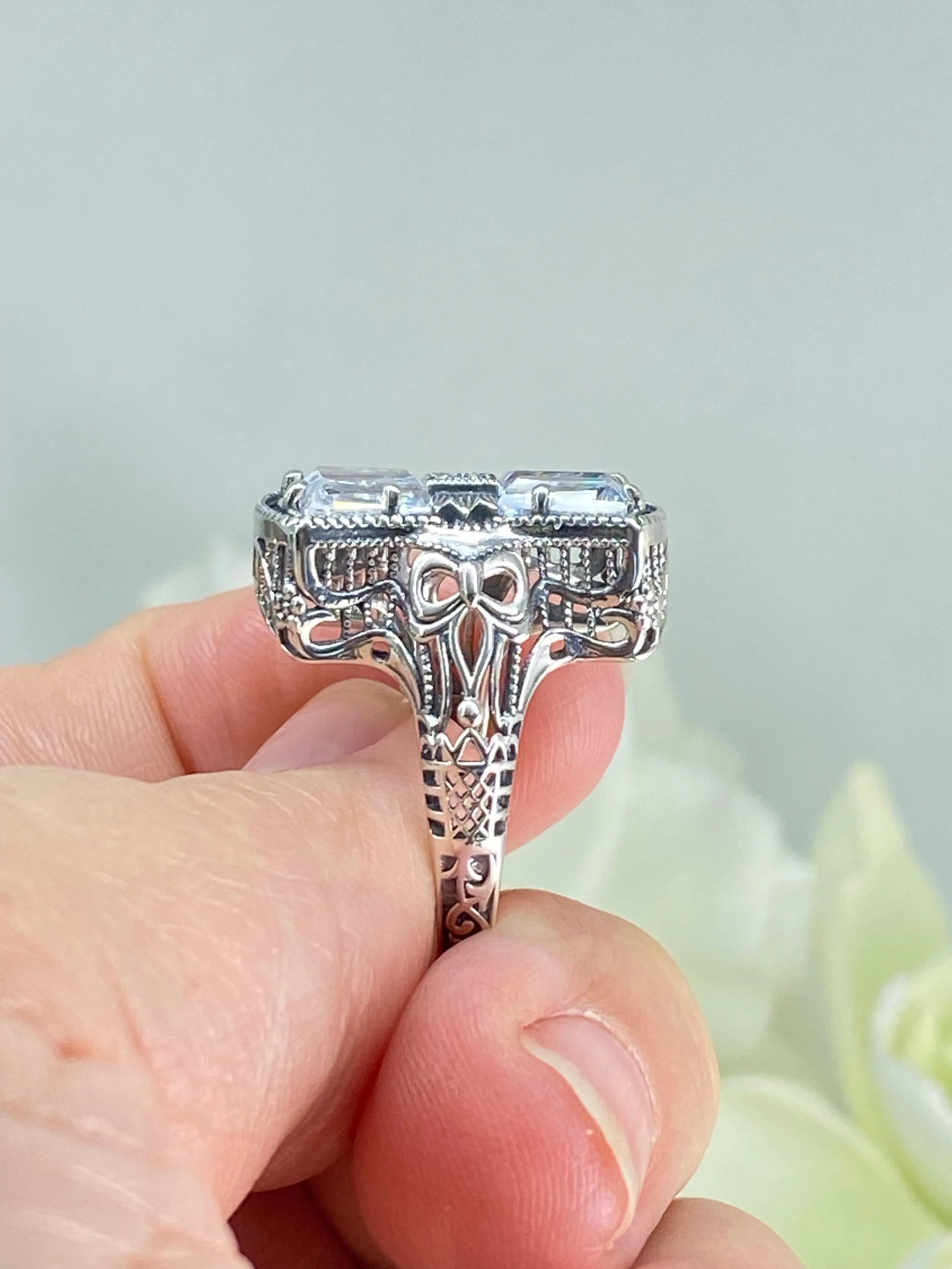 Sparkling White CZ Ring, Size 10, Versailles Sterling Silver Bow, Baguette CZ & Moissanite inset Ring, Baroque Jewelry D595 - Ready to Ship
