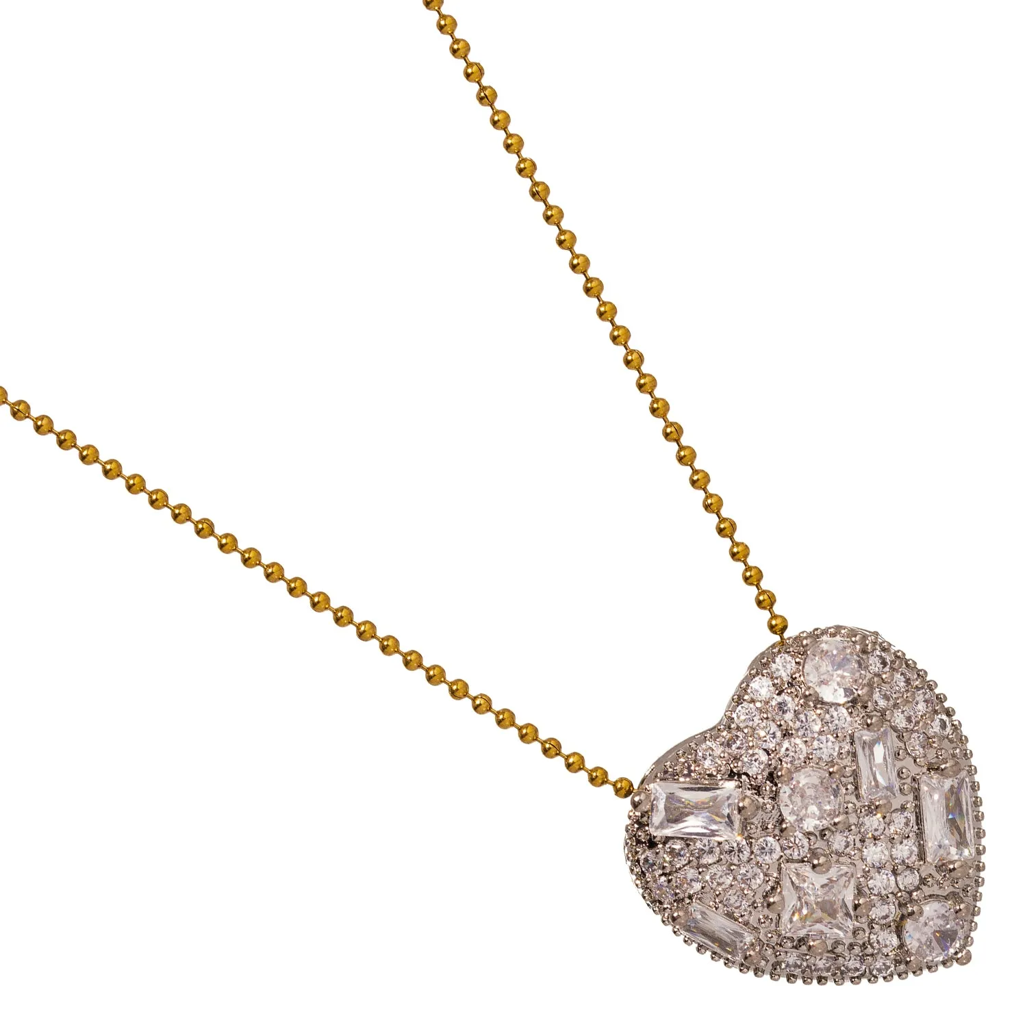 Sparkly Baguette Diamonds Big Heart Love Gold Statement Necklace