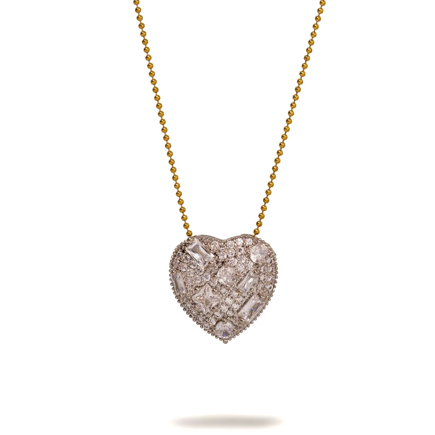 Sparkly Baguette Diamonds Big Heart Love Gold Statement Necklace