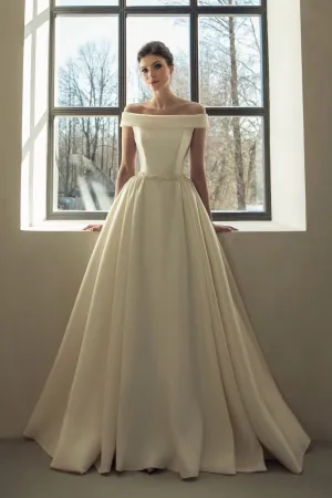 Structured Folds Off-the-shoulder Satin Bride Dresses Beaded Belt