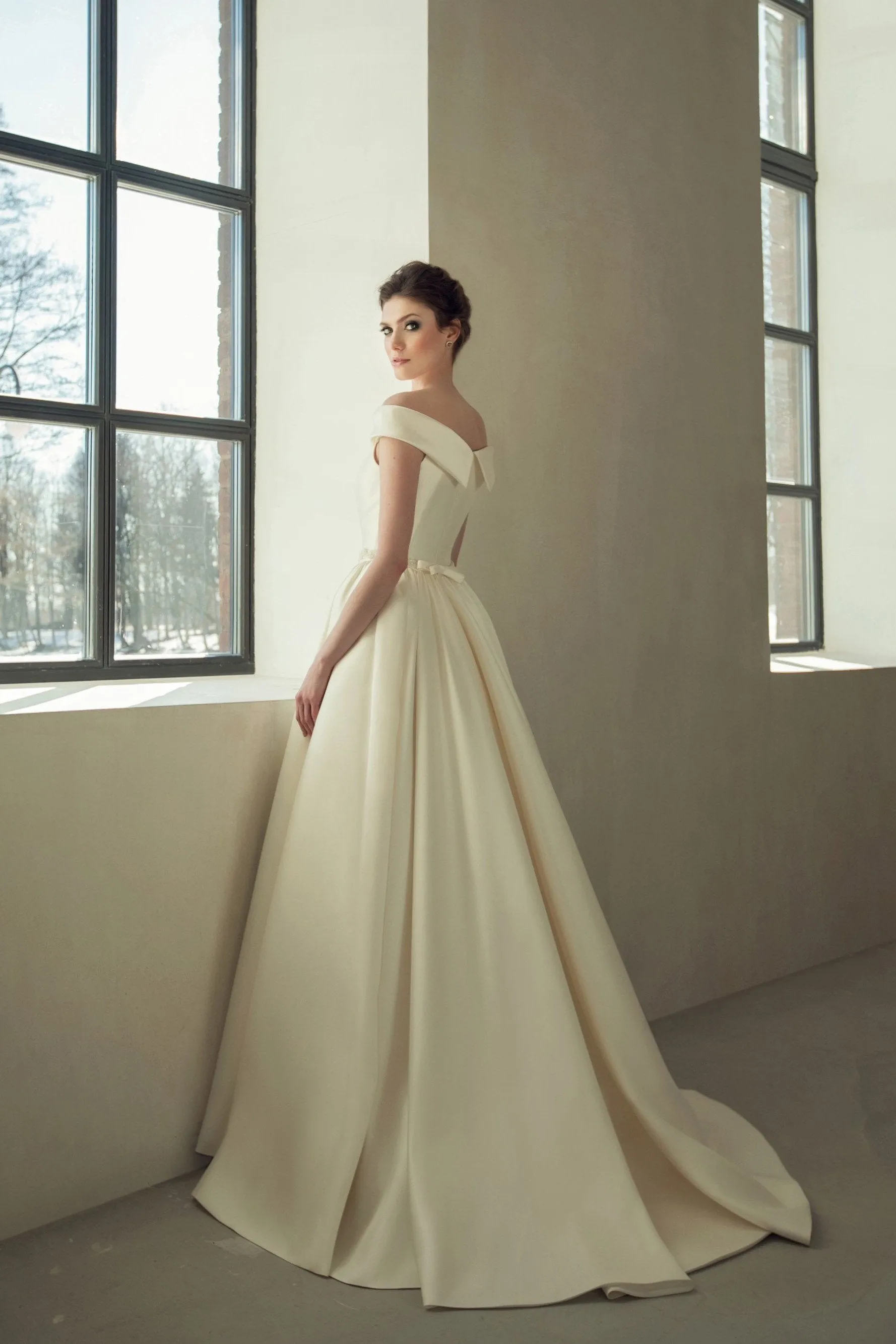 Structured Folds Off-the-shoulder Satin Bride Dresses Beaded Belt