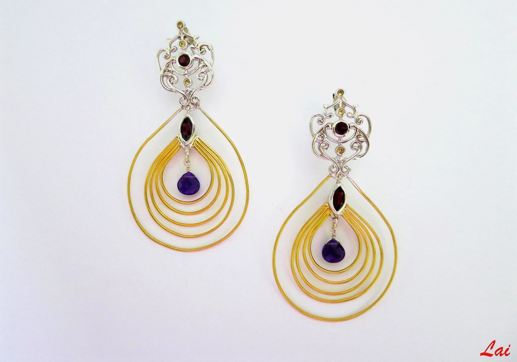 Stunning, bi-metal chandelier earrings with gemstones