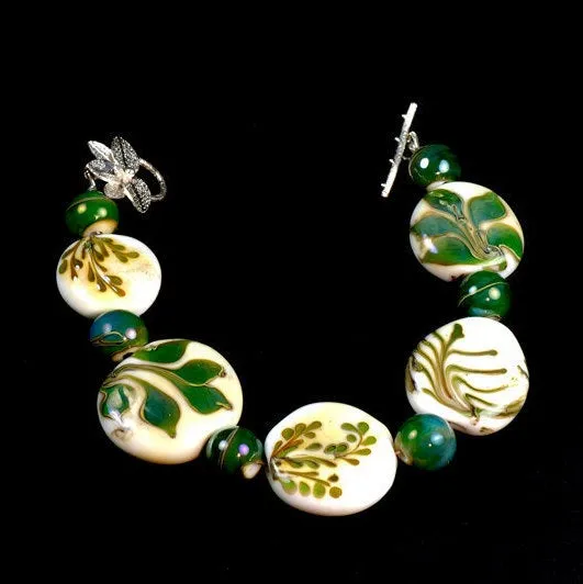 The Ferns, Organic Emerald Green on Ivory Glass Bracelet, Nature Inspired Lampwork Bracelet, Ferns, Leaves, Forest Green Using Rare Glass
