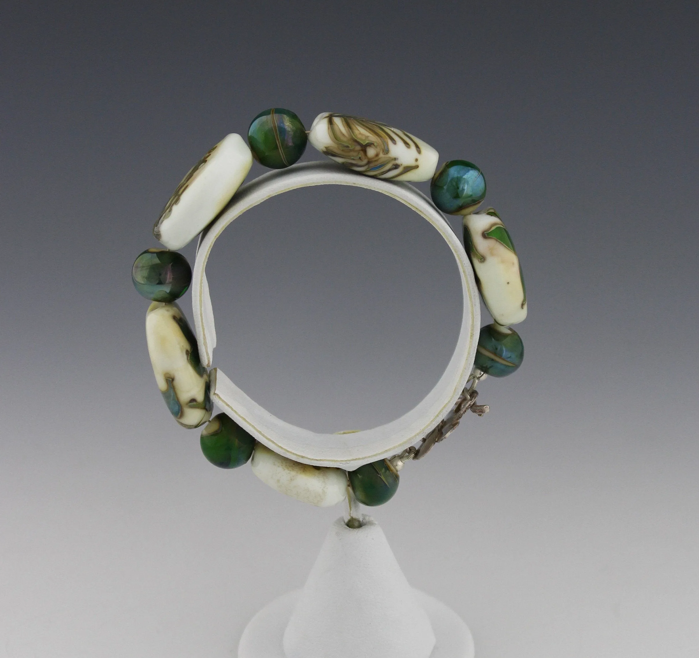 The Ferns, Organic Emerald Green on Ivory Glass Bracelet, Nature Inspired Lampwork Bracelet, Ferns, Leaves, Forest Green Using Rare Glass