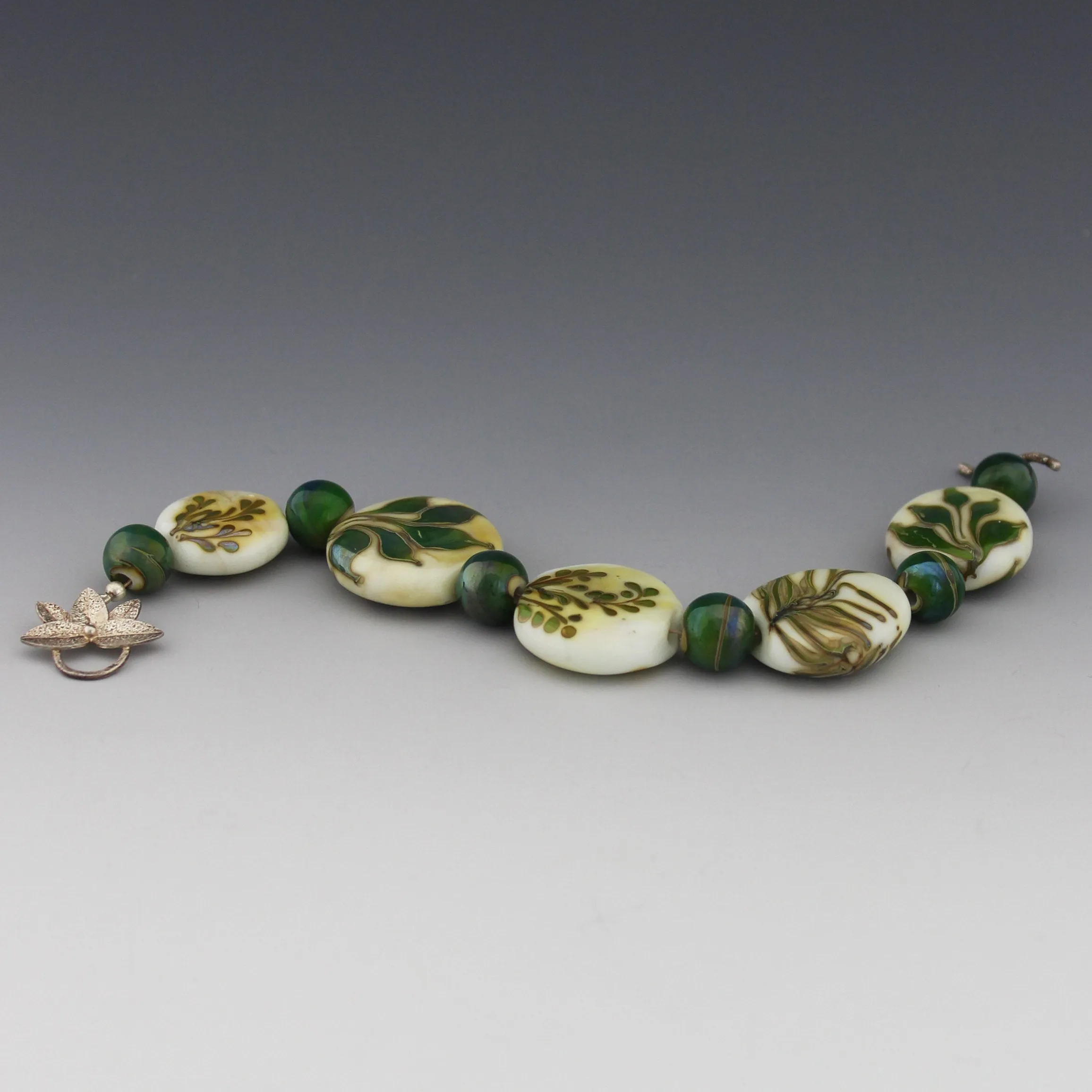 The Ferns, Organic Emerald Green on Ivory Glass Bracelet, Nature Inspired Lampwork Bracelet, Ferns, Leaves, Forest Green Using Rare Glass
