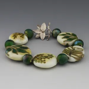 The Ferns, Organic Emerald Green on Ivory Glass Bracelet, Nature Inspired Lampwork Bracelet, Ferns, Leaves, Forest Green Using Rare Glass