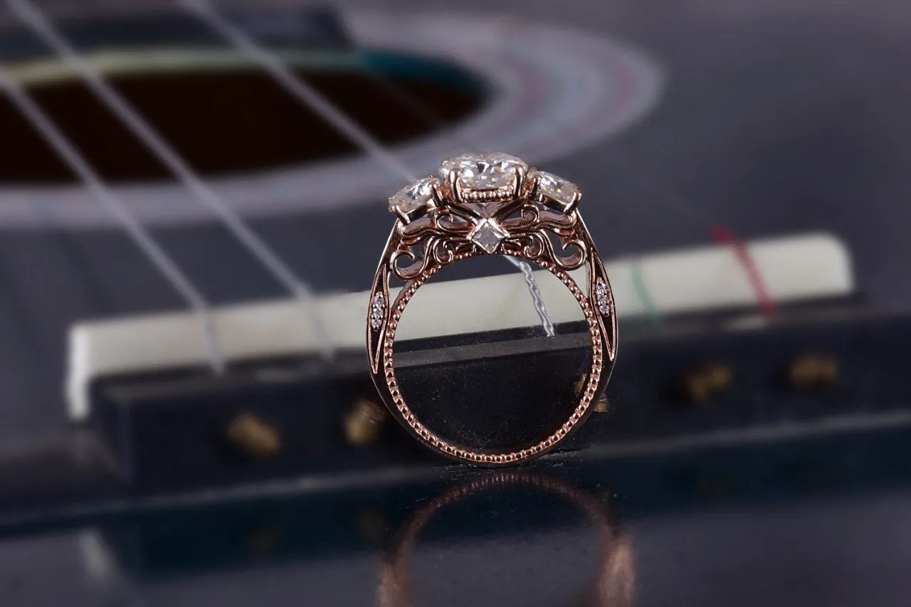 Three Stone Moissanite Engagement Ring 14k Rose Gold Vintage Diamond Wedding for women art deco Ring center 7.5mm  side stone 5mm on Etsy