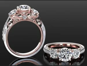 Three Stone Moissanite Engagement Ring 14k Rose Gold Vintage Diamond Wedding for women art deco Ring center 7.5mm  side stone 5mm on Etsy