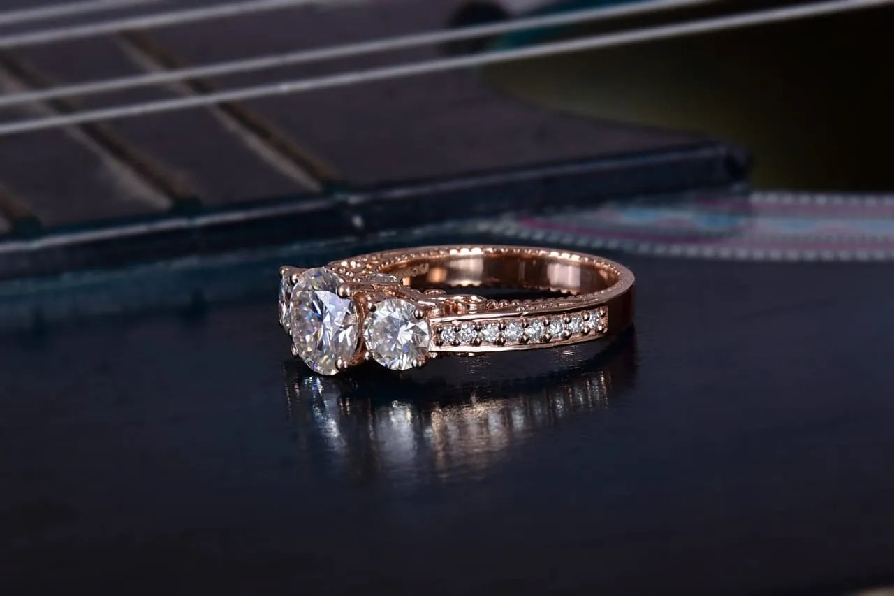 Three Stone Moissanite Engagement Ring 14k Rose Gold Vintage Diamond Wedding for women art deco Ring center 7.5mm  side stone 5mm on Etsy