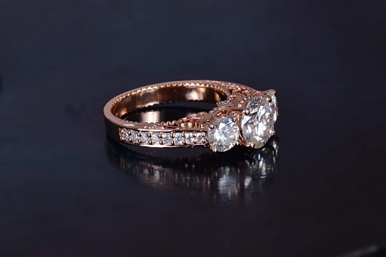 Three Stone Moissanite Engagement Ring 14k Rose Gold Vintage Diamond Wedding for women art deco Ring center 7.5mm  side stone 5mm on Etsy